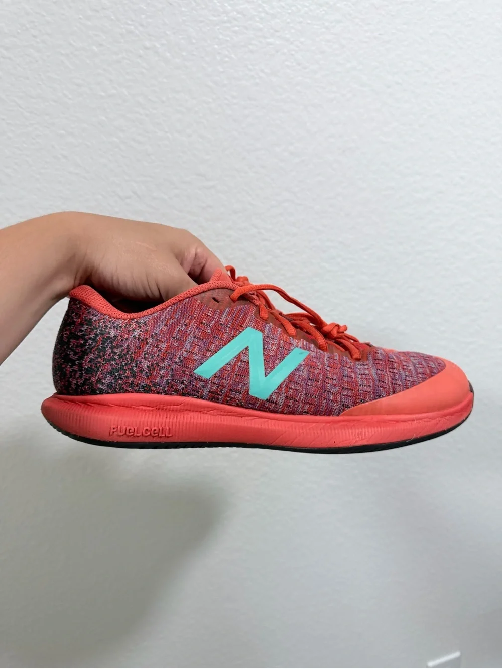 New Balance Red Knit Sneaker with Teal Logo tennis shoes